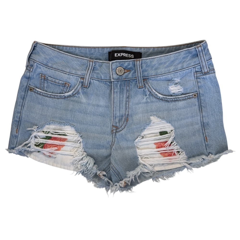 Express‎ Shortie Relaxed Low Rise Denim Shorts Women Sz 0 Distressed Shabby Chic